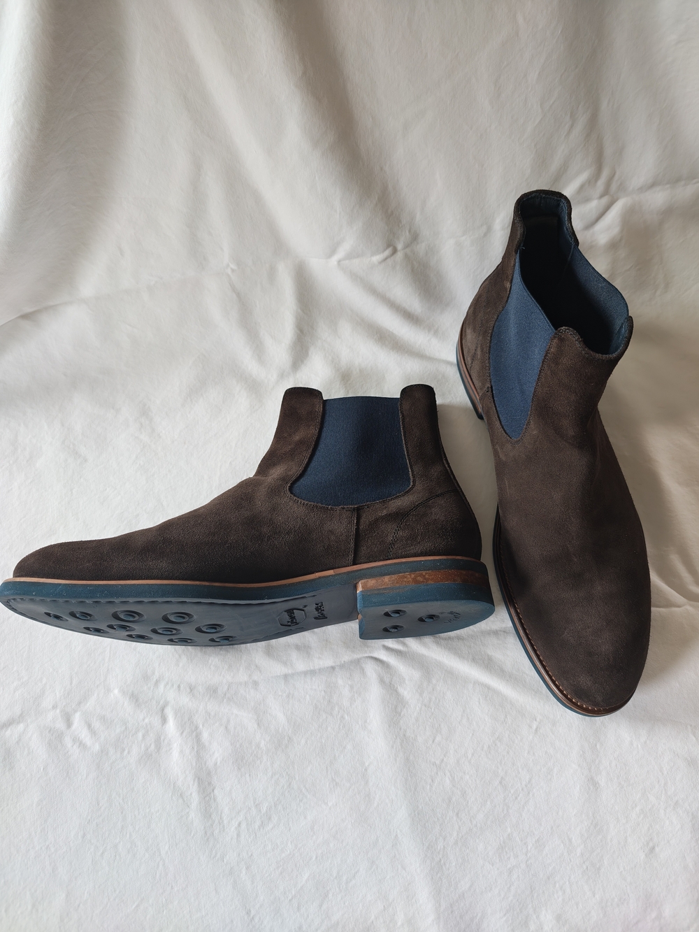 Men's Brown Suede Chelsea Boots with Navy Elastic Panels